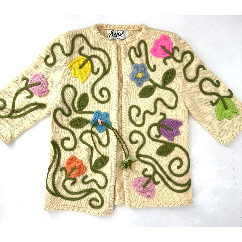 ETHEL OF BEVERLY‎ HILLS Vintage Tulip Floral Embellished Knit Cardigan Sweater - Picture 2 of 12